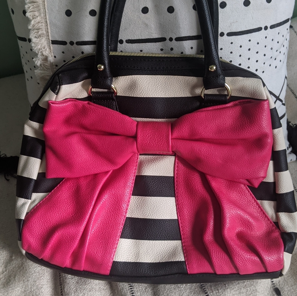 Betsey Johnson Black & White Striped Tote with Pink Bow